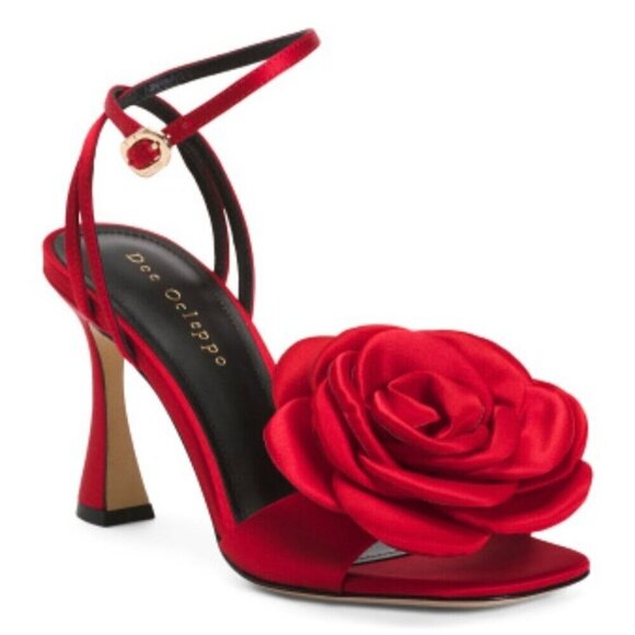 Dee Ocleppo Aurora Rosette-Appliquéd Satin Heel Sandal 6 Red Formal - Picture 1 of 5